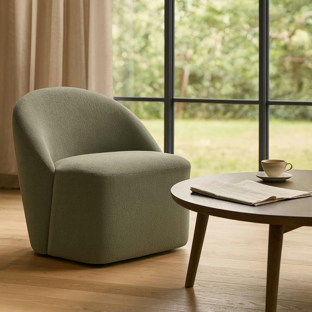 Fauteuil pivotant vert dossier rond tissu texturé doux IENA