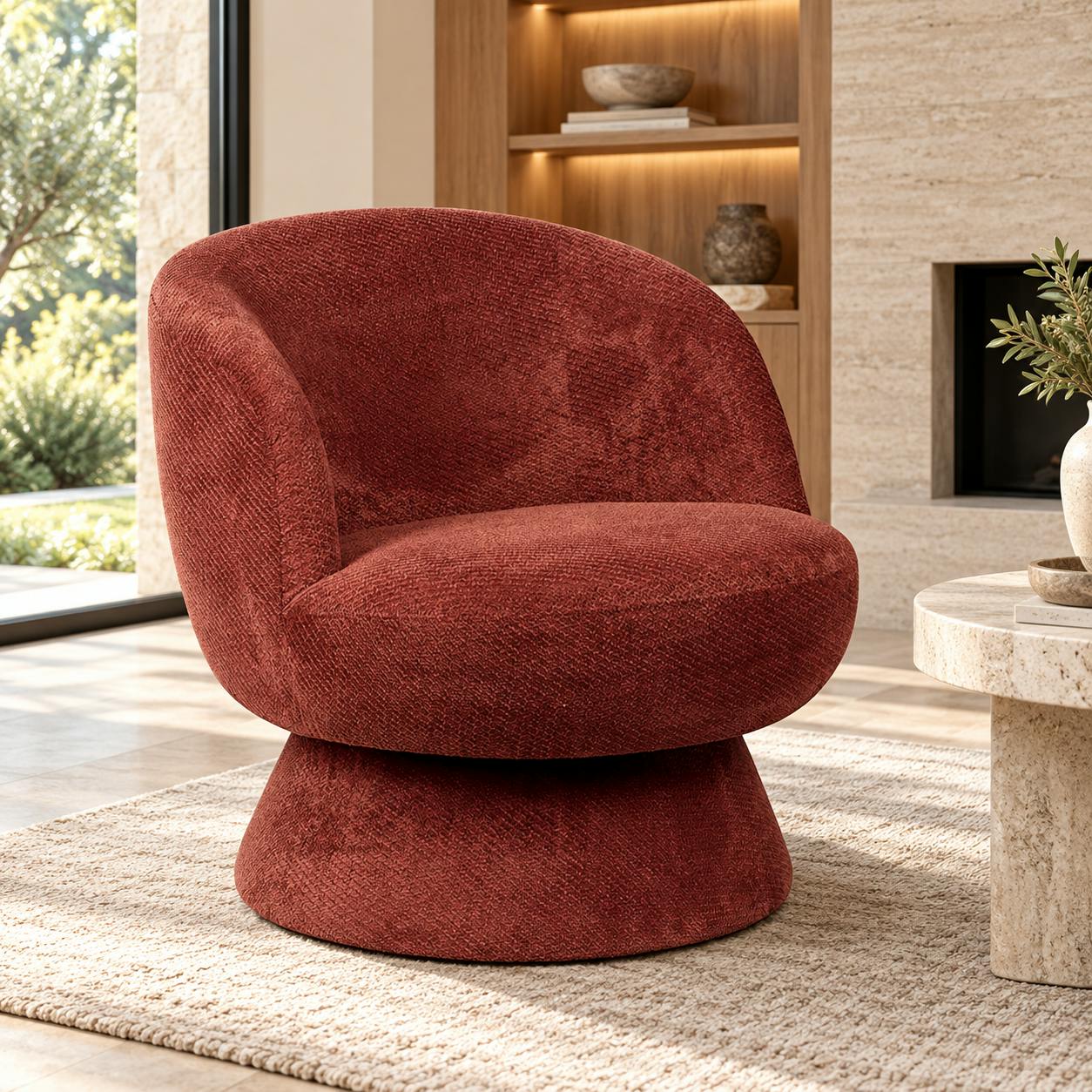 Fauteuil prune pivotant - tissu chenille, style rétro IENA