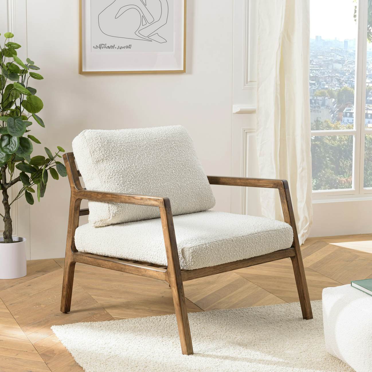 Fauteuil relax en bois coussin tissu bouclette écru TIM
