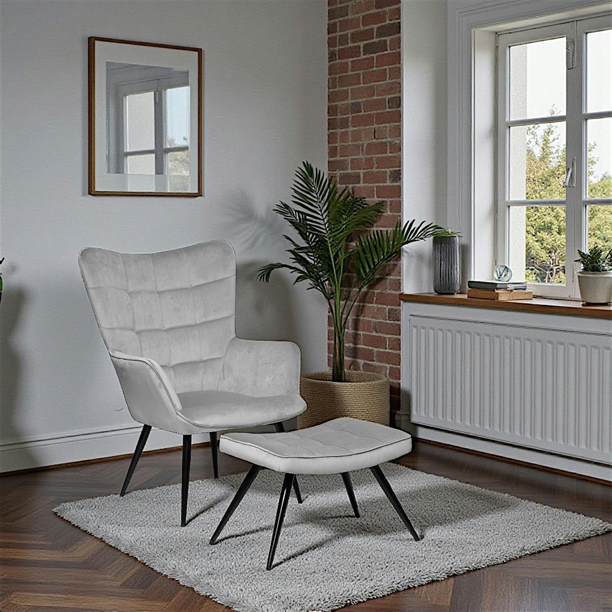 Fauteuil relax en velours gris et son tabouret (2 pièces) GOTEBORG