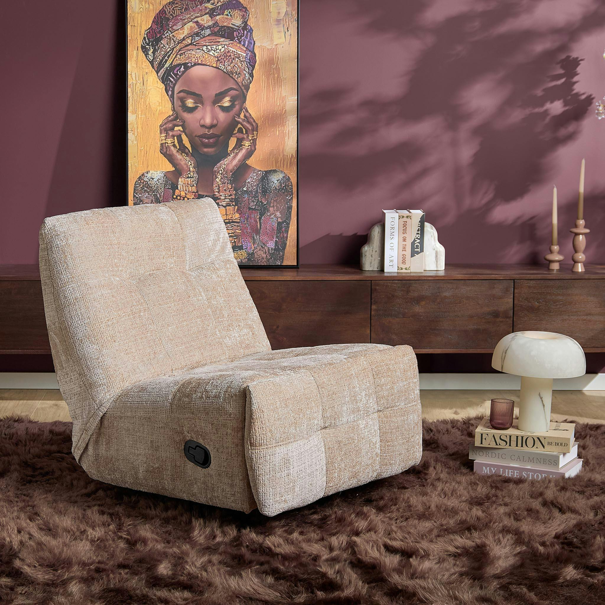 Fauteuil relax inclinable beige tissu chenille BELORA