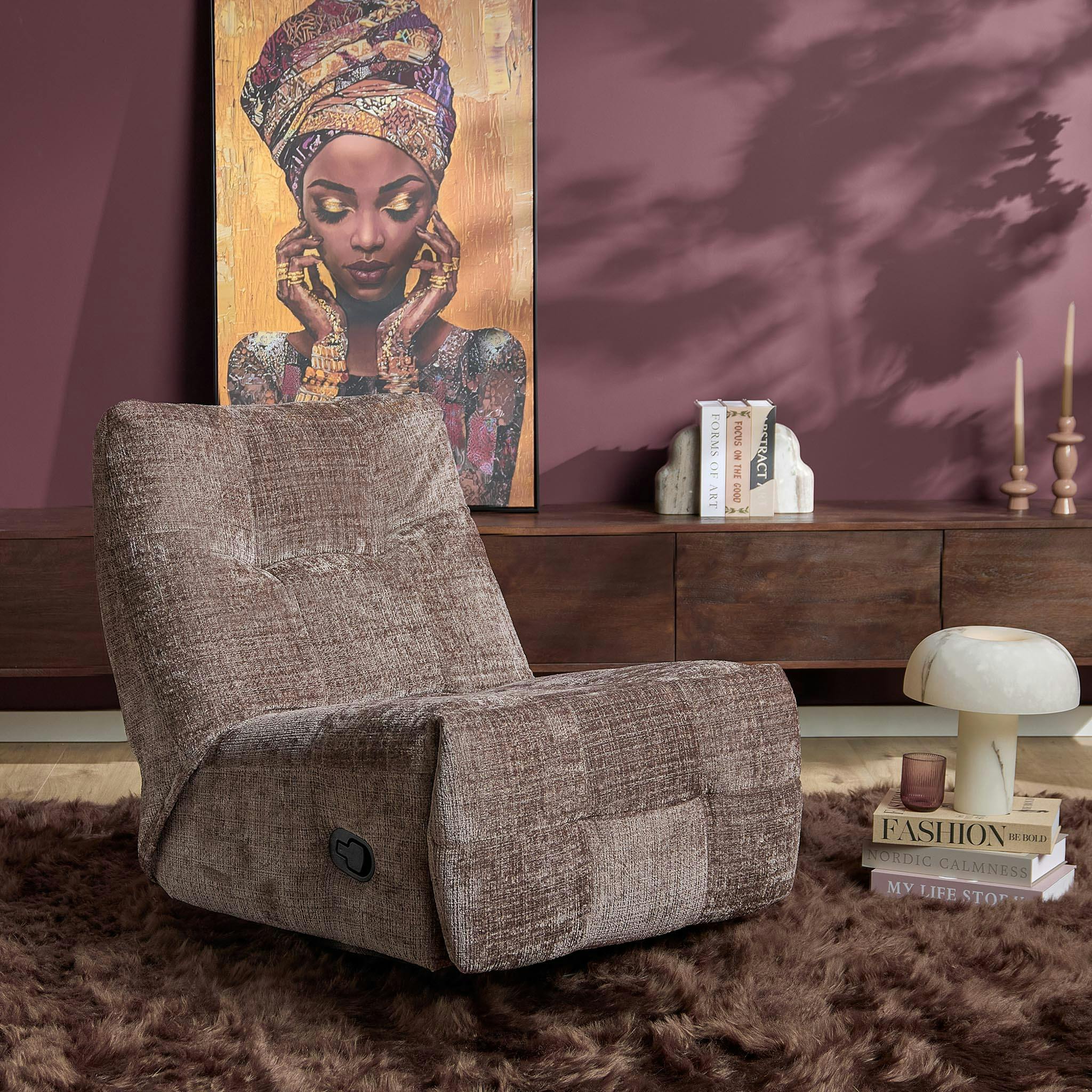 Fauteuil relax inclinable marron tissu chenille BELORA