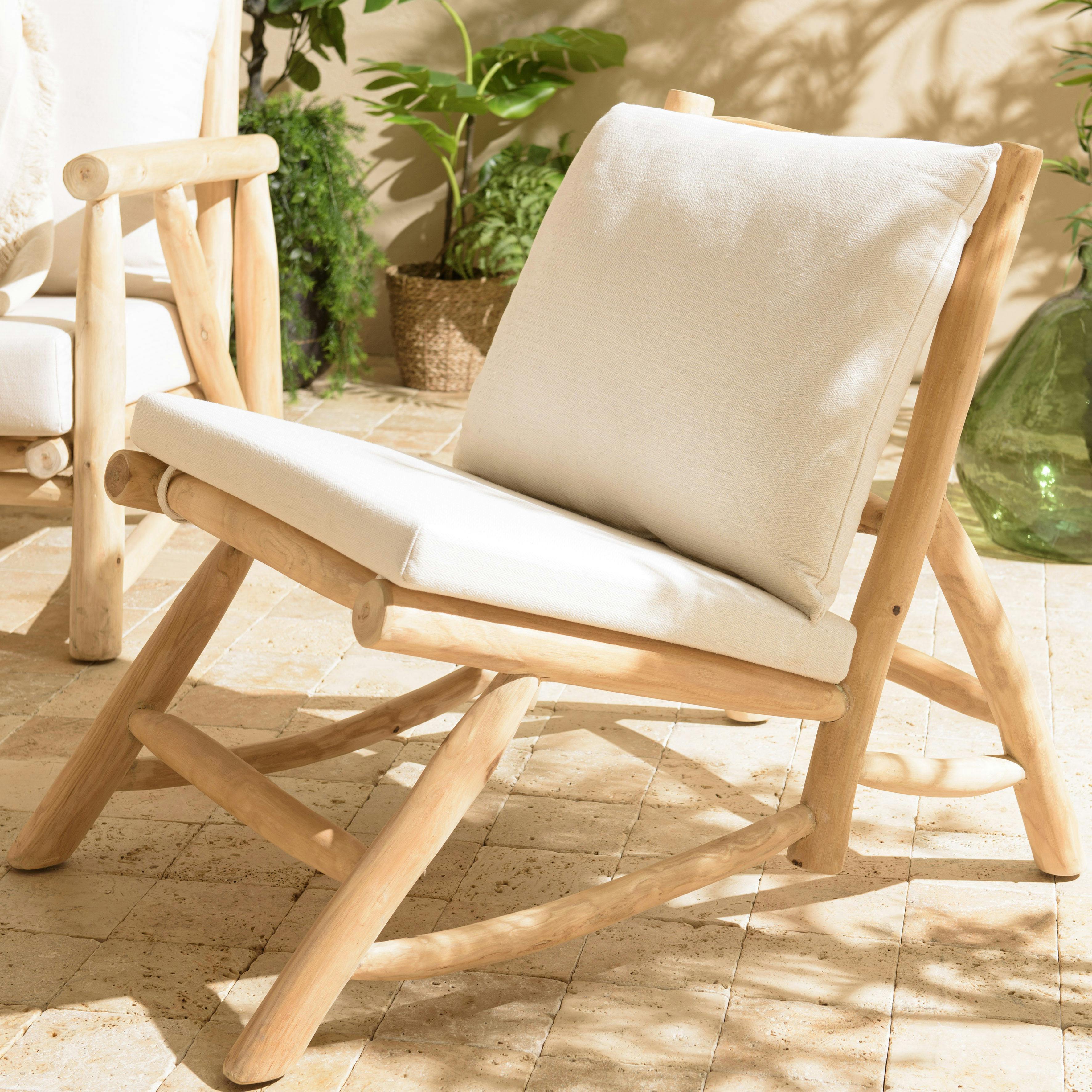 Fauteuil relax teck naturel coussins blancs MANAK