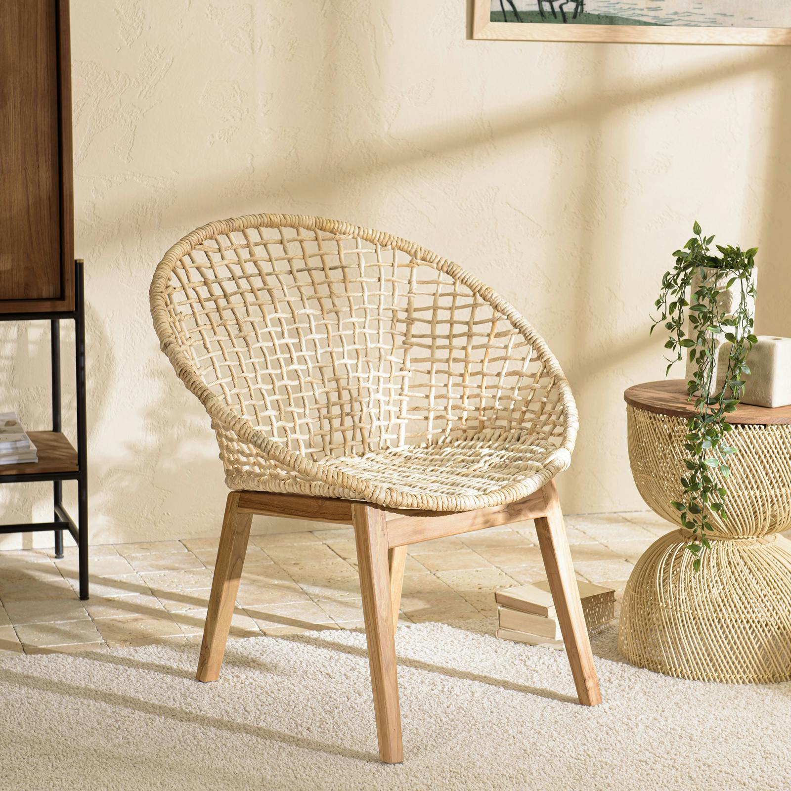 Fauteuil rond beige bois recyclé et chanvre tressé SWING