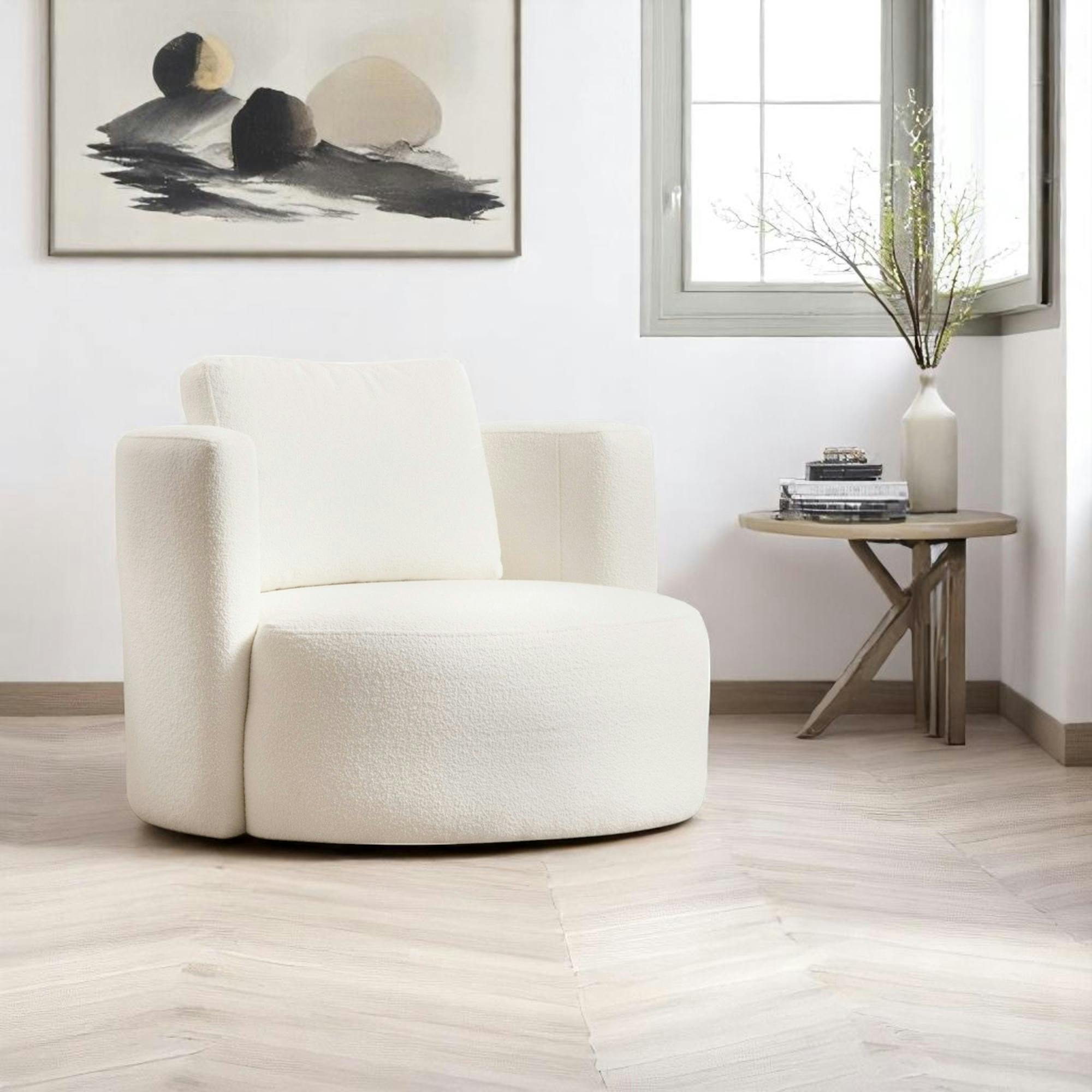 Fauteuil rond blanc crème - tissu bouclette LUCCA