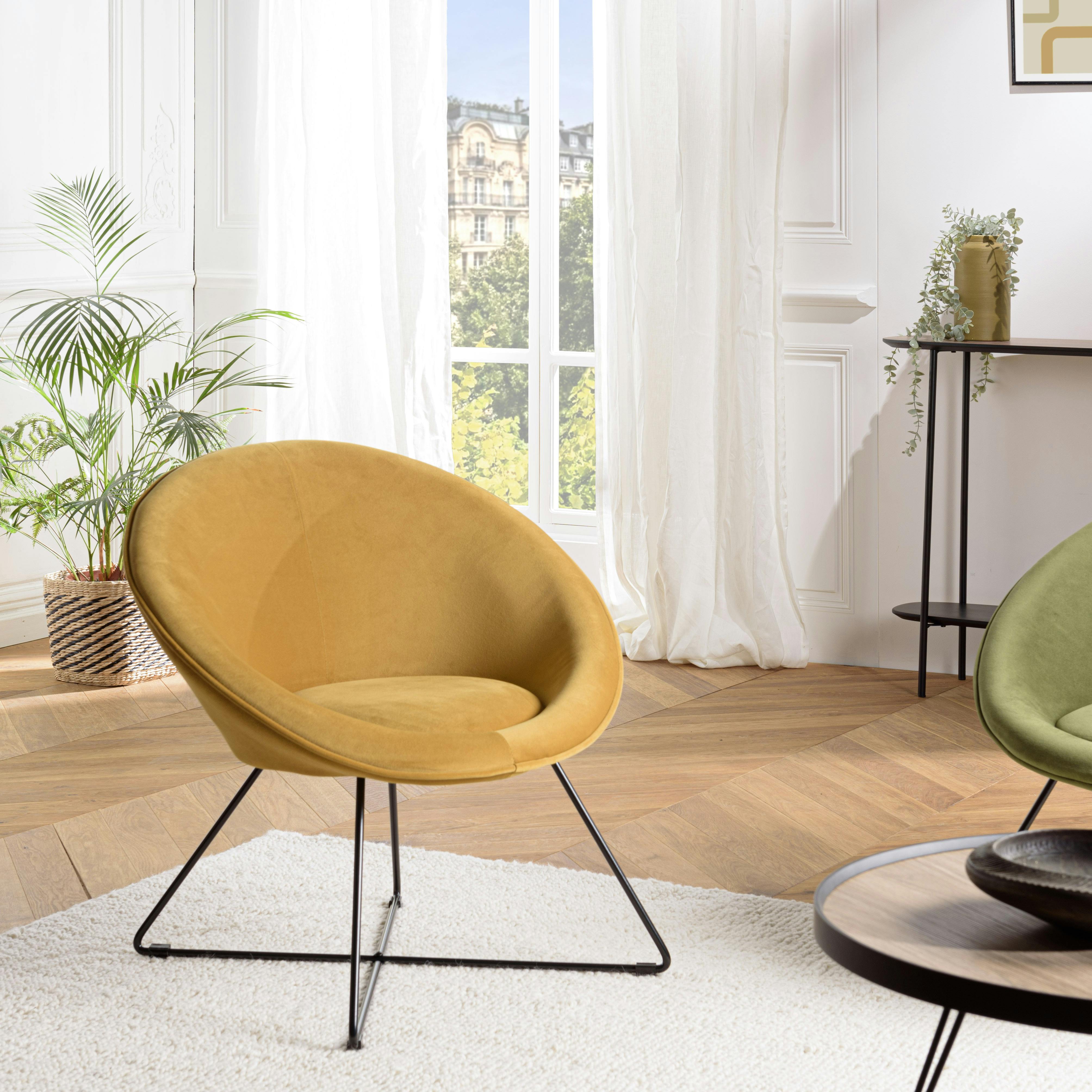 Fauteuil rond design velours moutarde TIM