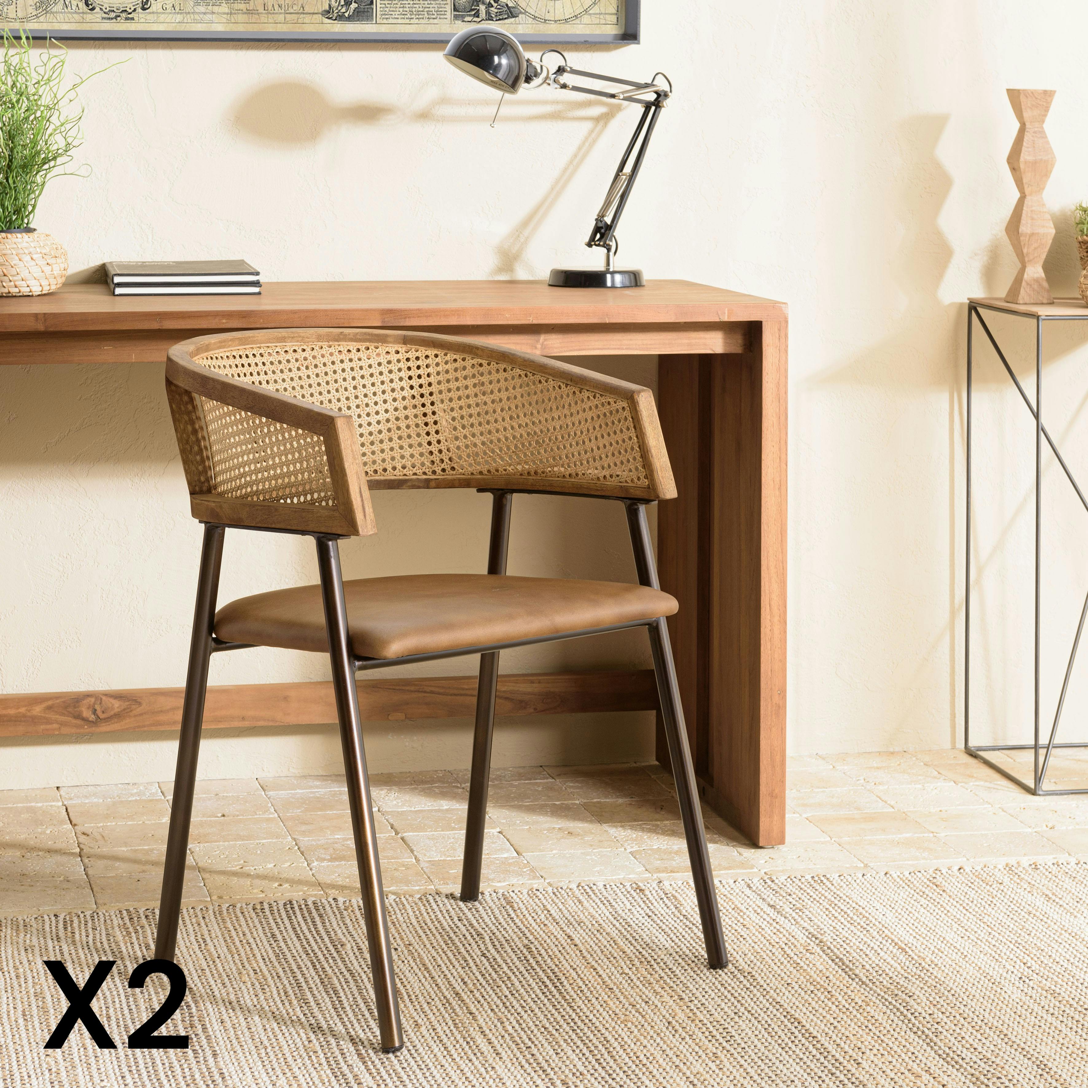 Fauteuil rotin et cuir havane dossier arrondi (lot de 2) TIM