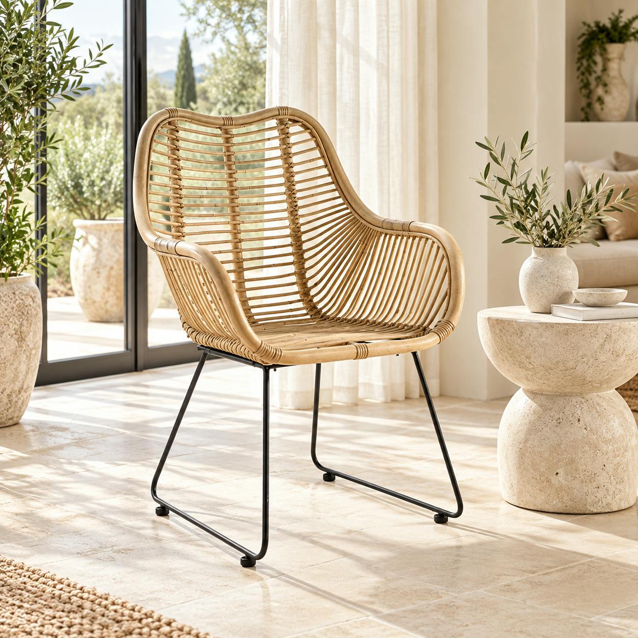 Fauteuil rotin pieds métal noir Bogor