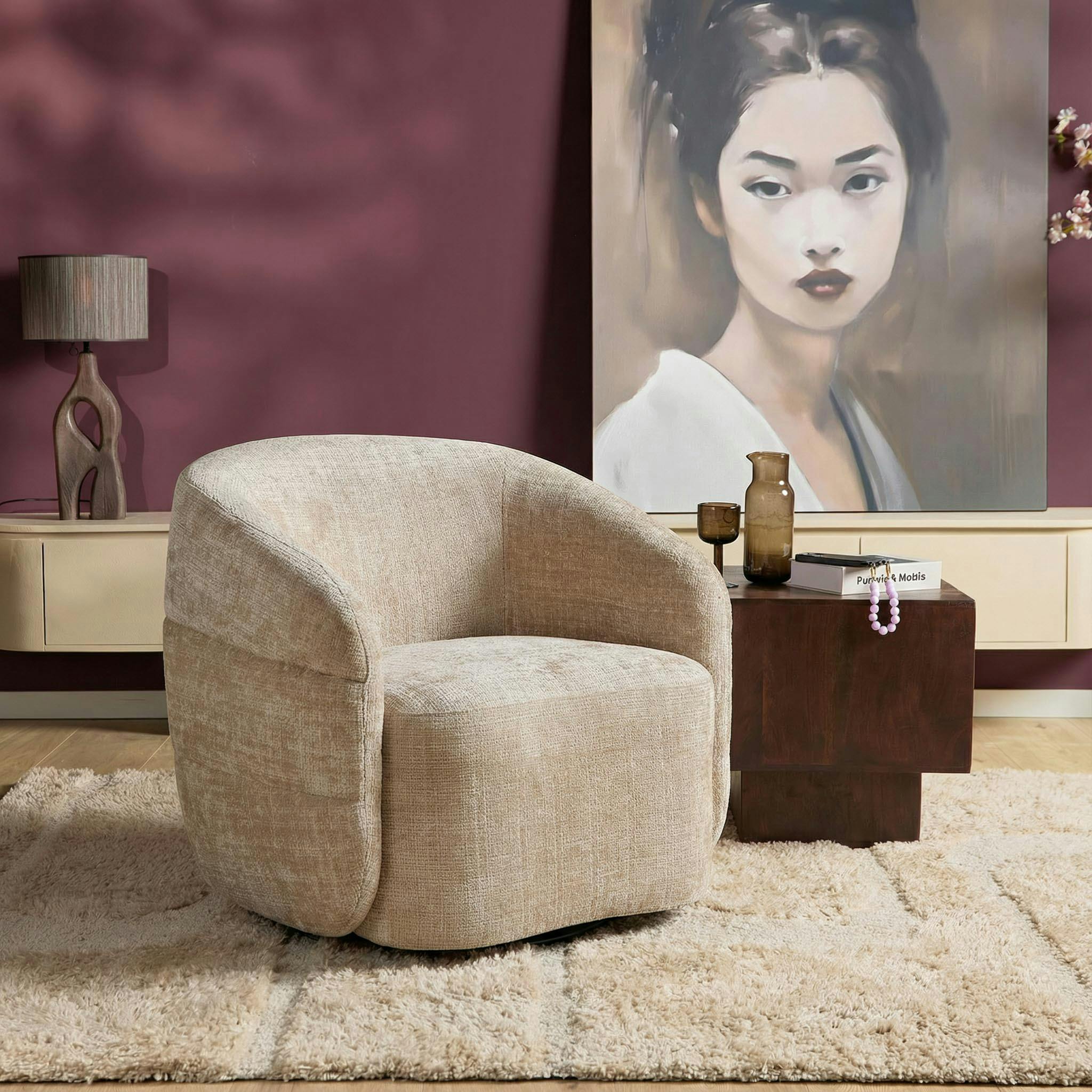 Fauteuil salon pivotant beige tissu chenille BELORA