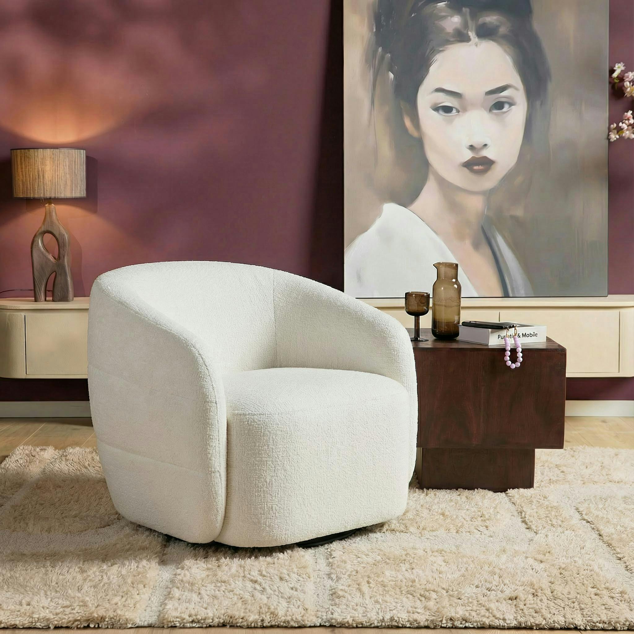 Fauteuil salon pivotant blanc crème tissu chenille BELORA