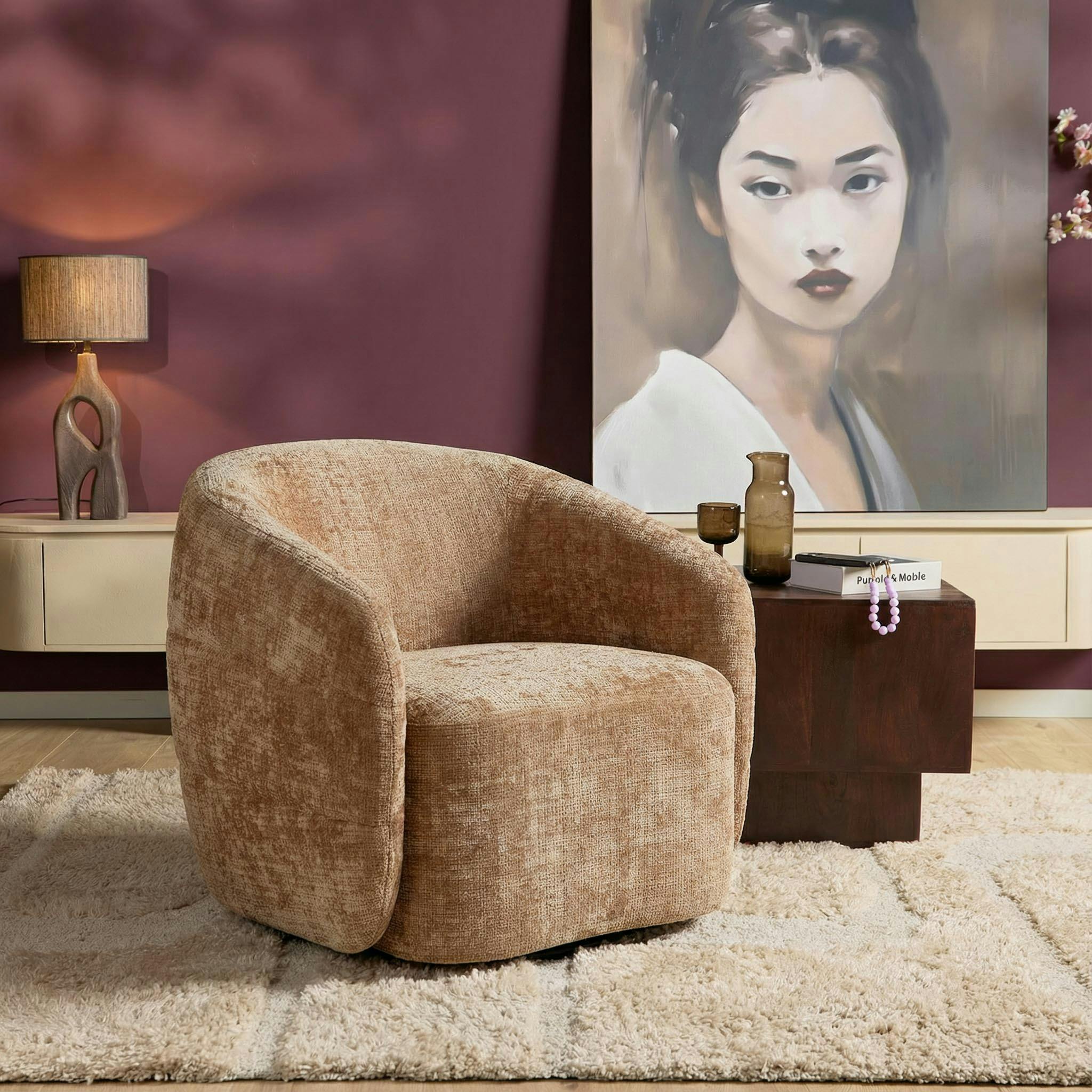 Fauteuil salon pivotant cannelle tissu chenille BELORA
