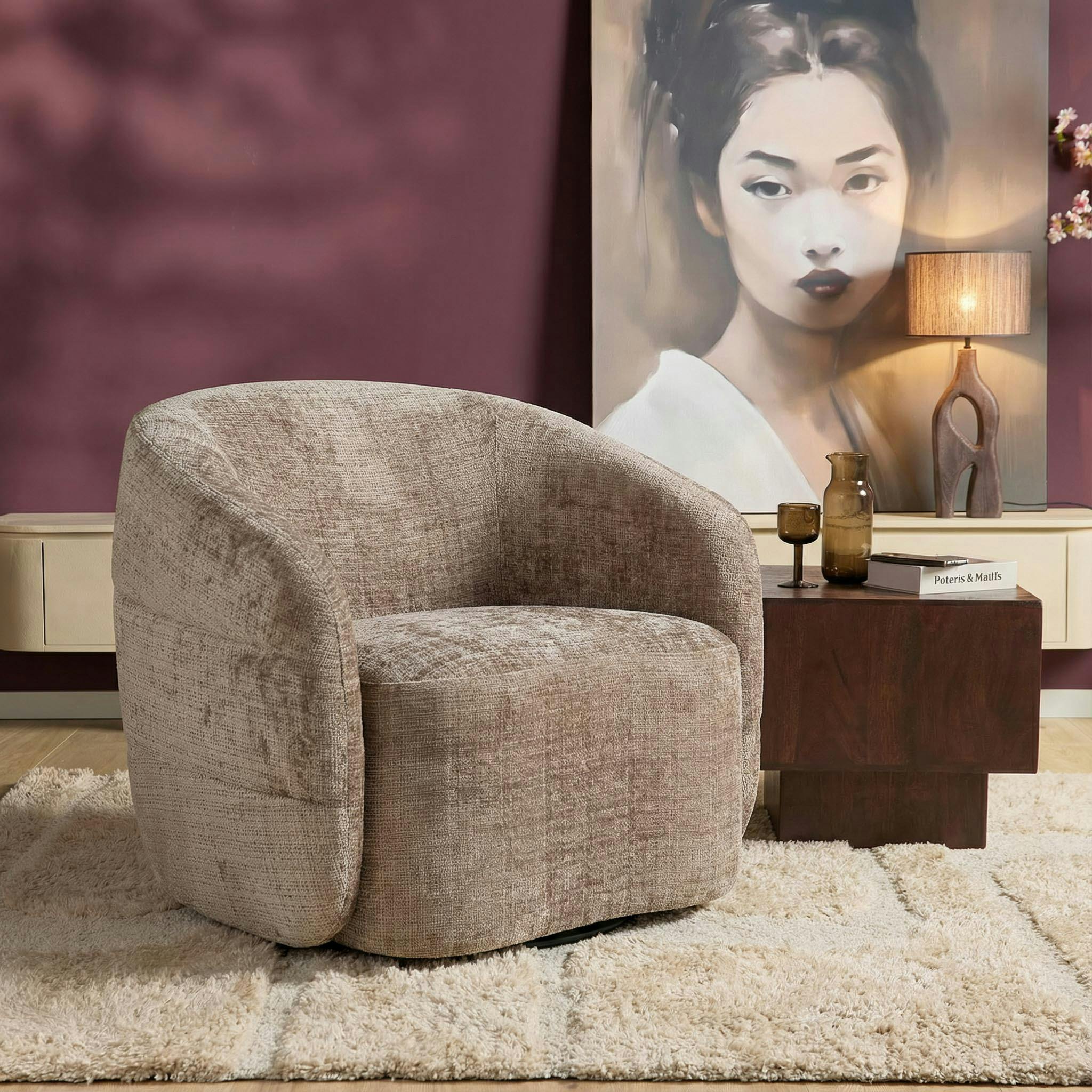 Fauteuil salon pivotant marron tissu chenille BELORA