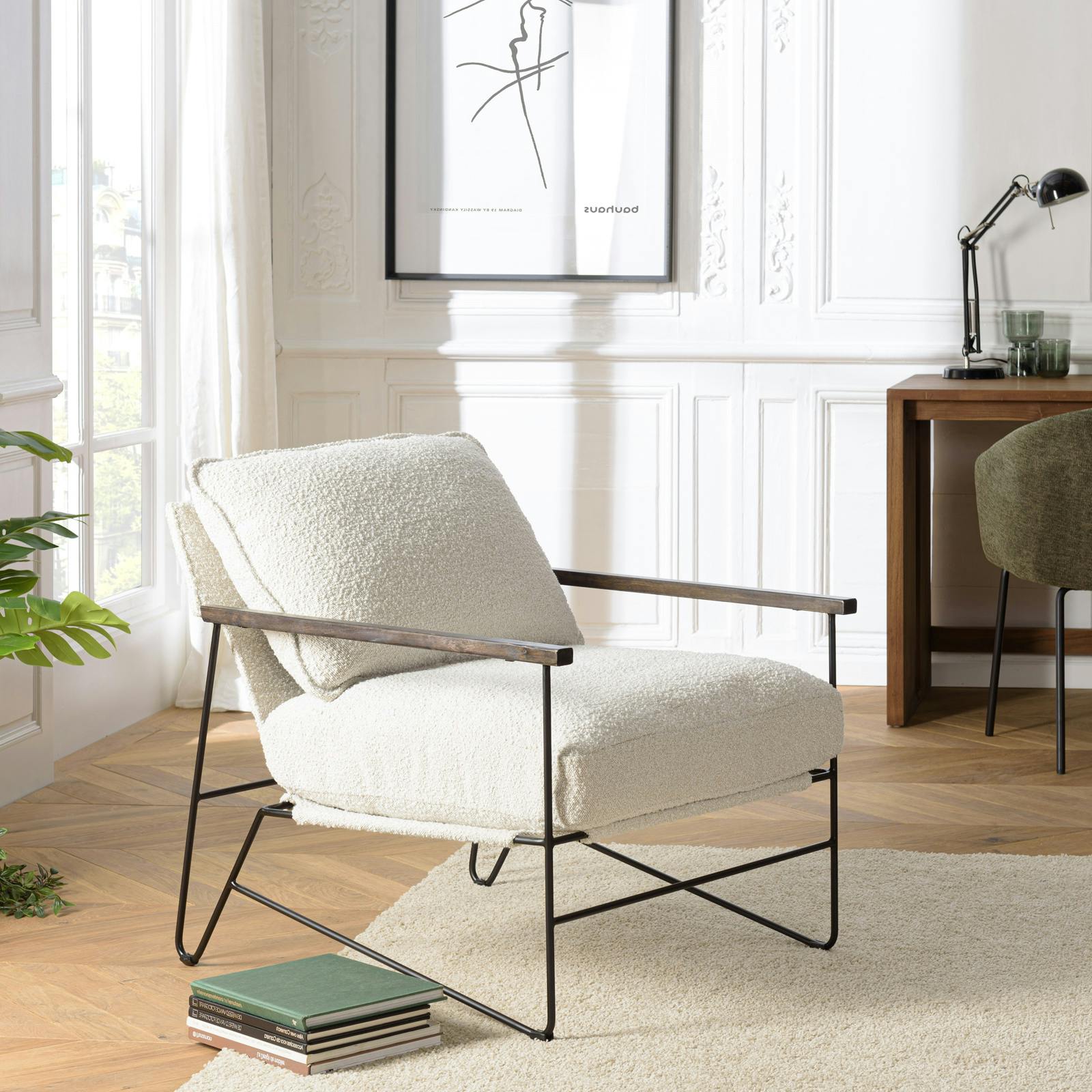 Fauteuil structure métal tissu bouclette blanc TIM