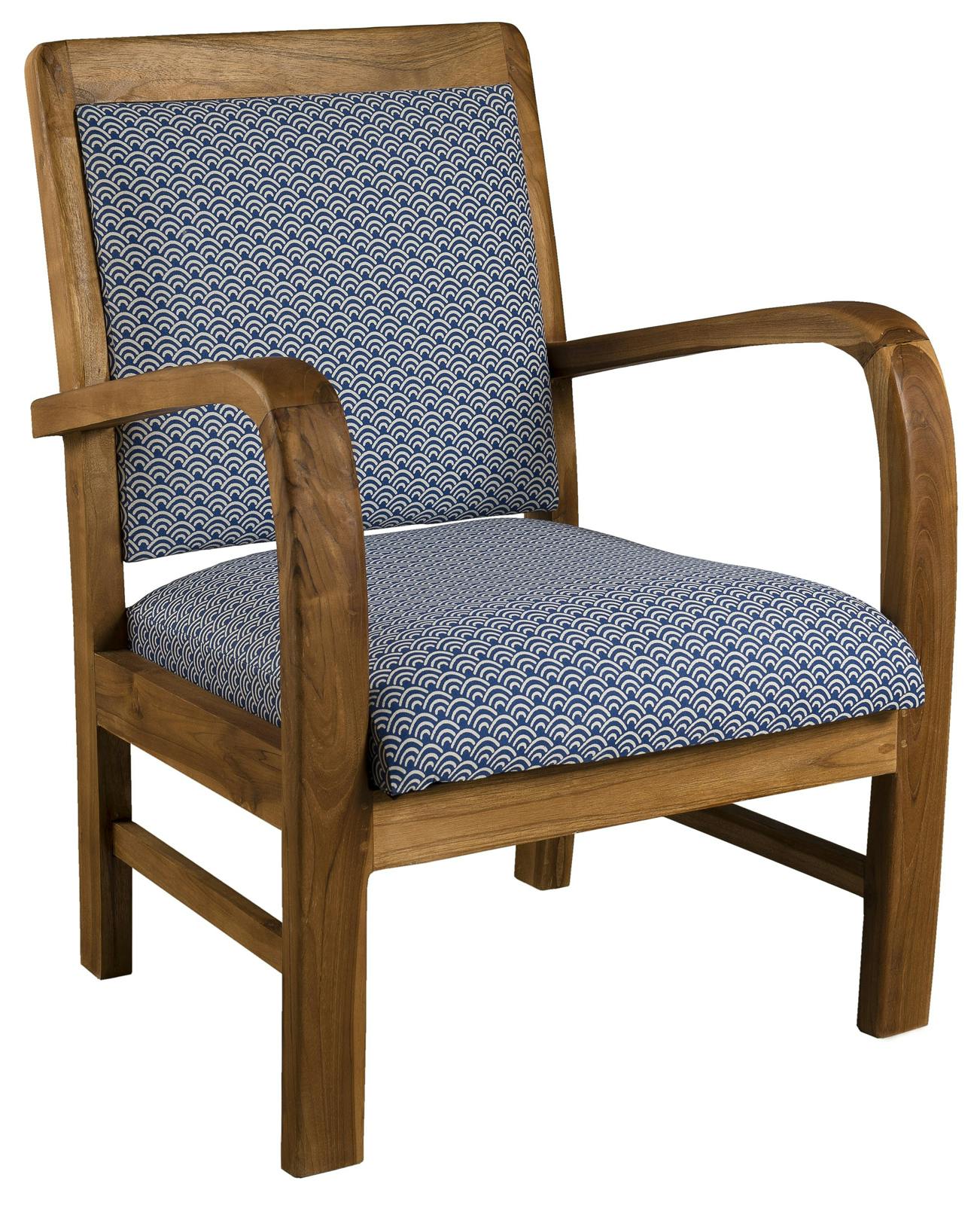 Fauteuil Teck assise tissu coton bleu motifs traditionnels vagues Seigaiha 61x63x81cm DIKA