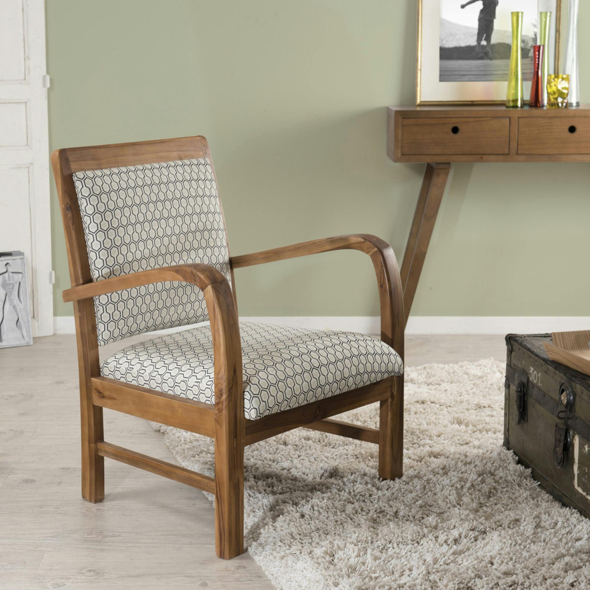 Fauteuil Teck assise tissu coton motifs géométriques façon nids d'abeilles 61x63x81cm DIKA