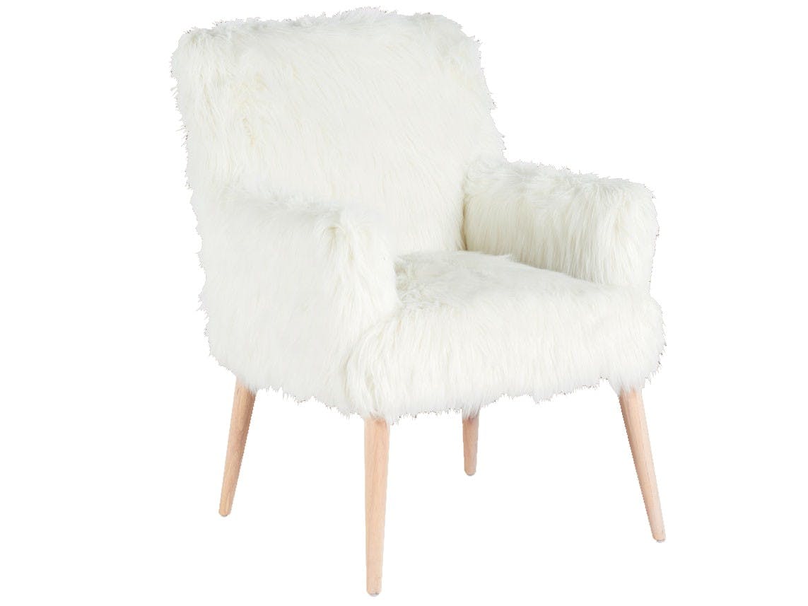 Fauteuil tendance façon fourrure blanche et pieds bouleau blanchi 64x71x88cm BERGER