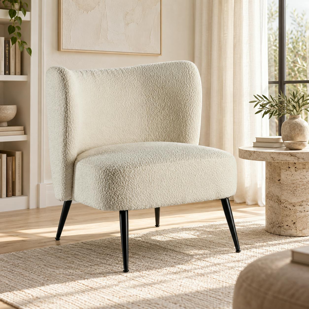 Fauteuil tissu blanc bouclé MALMOE