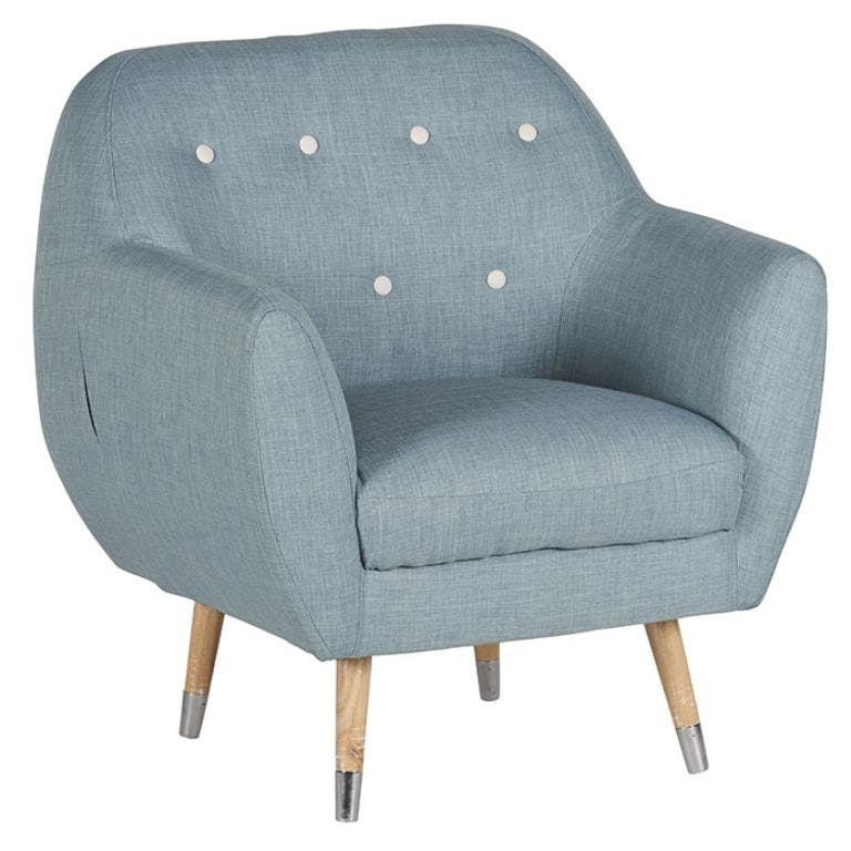 Fauteuil tissu bleu boutons blanc RUMBY