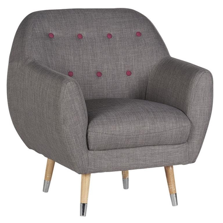 Fauteuil tissu gris boutons fuschia RUMBY