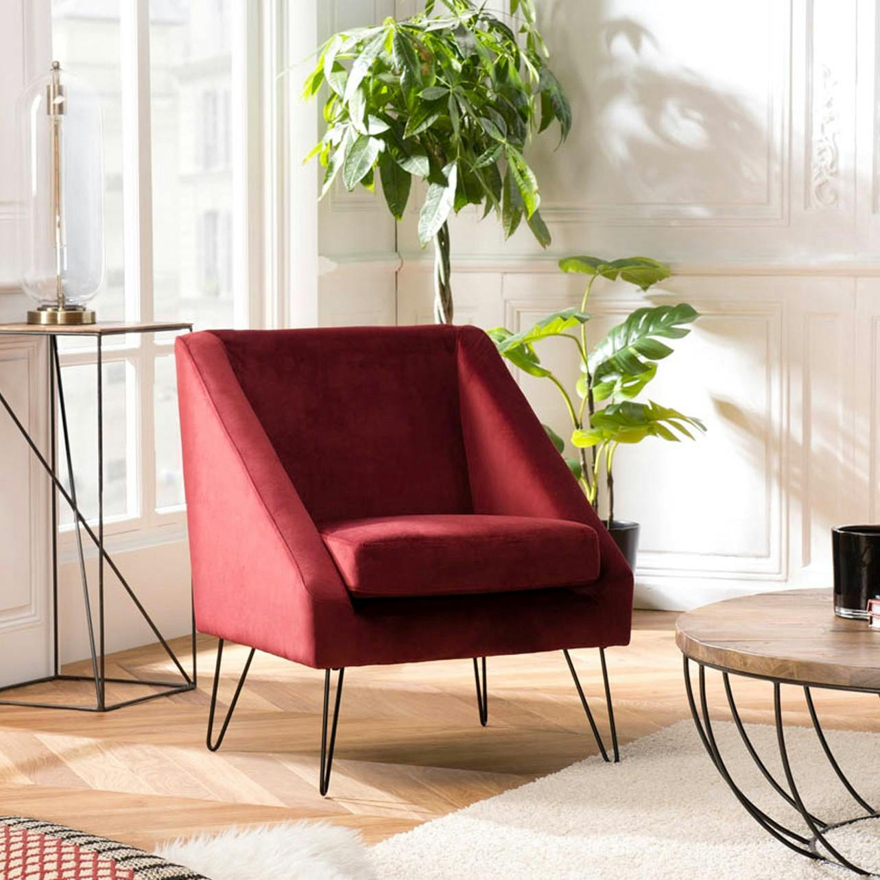Fauteuil velours rouge bordeaux pieds épingle TIM