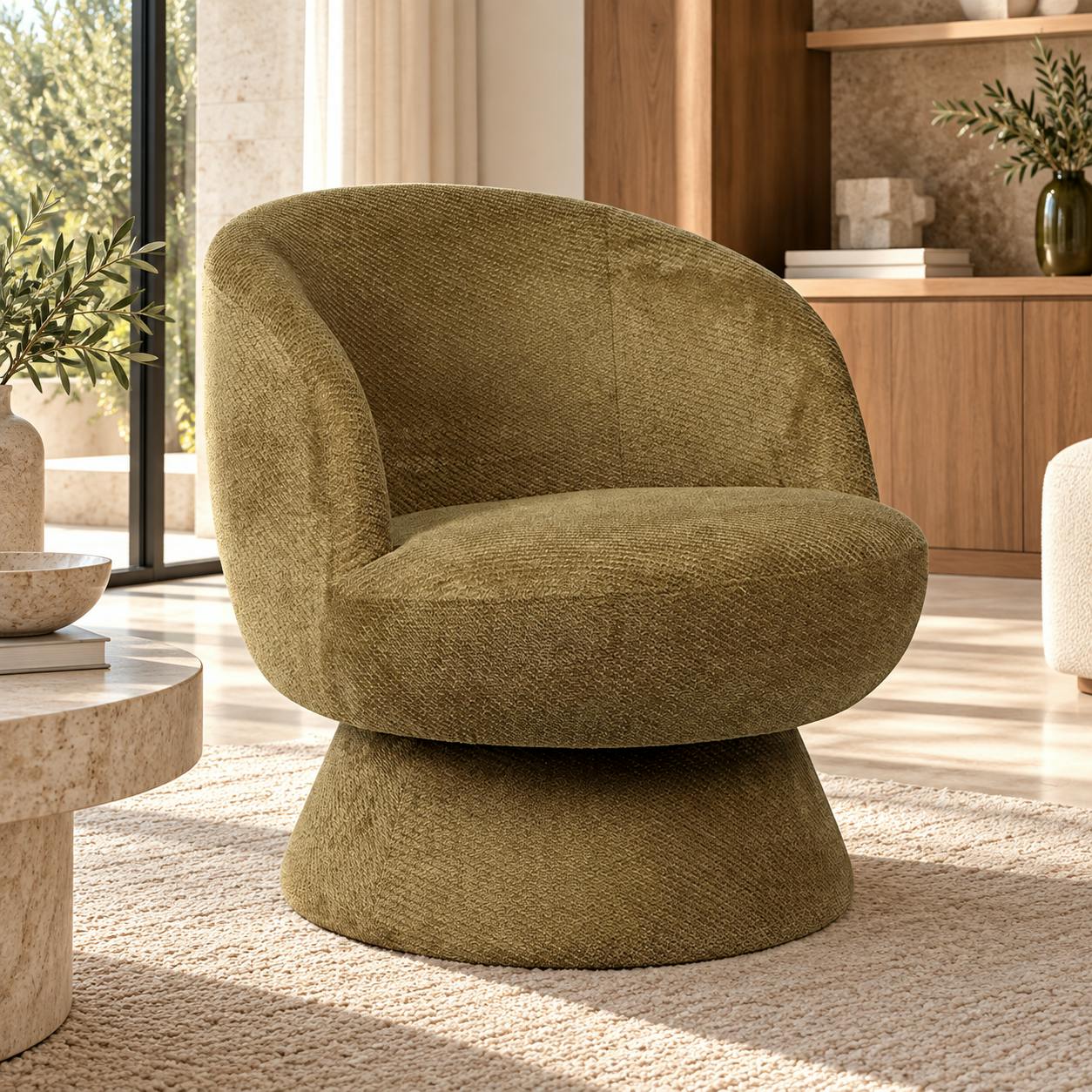 Fauteuil vert pivotant - tissu chenille, style rétro IENA