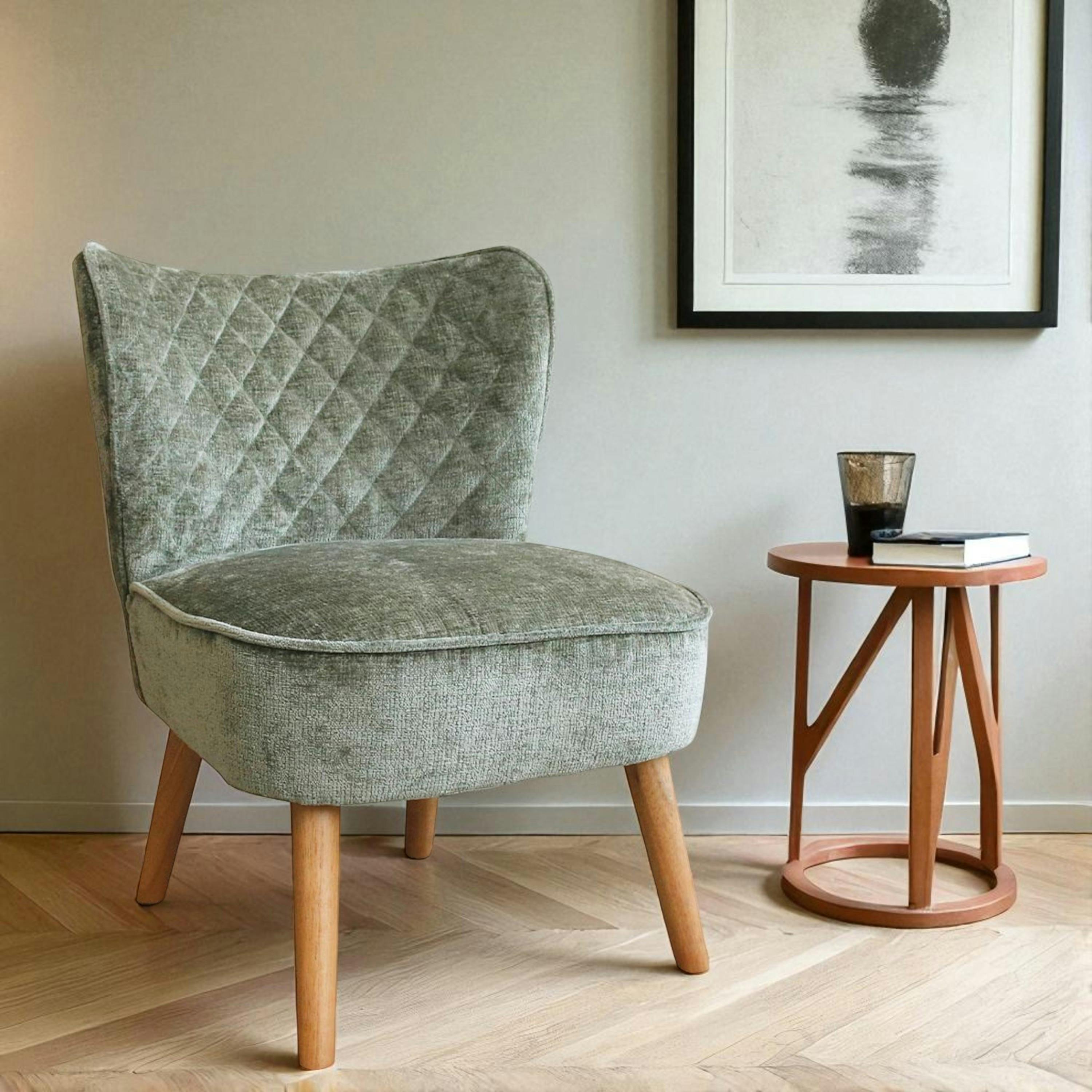 Fauteuil vert tissu chenille - pieds bois, motif croisé IENA