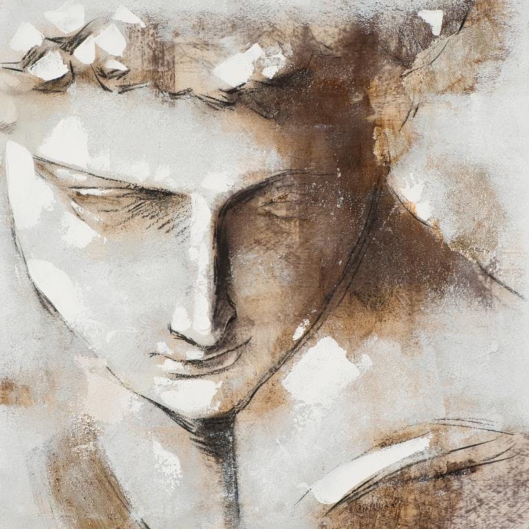 FEMMES 100x100 Peinture portrait acrylique carré Gris, Marron et Métal