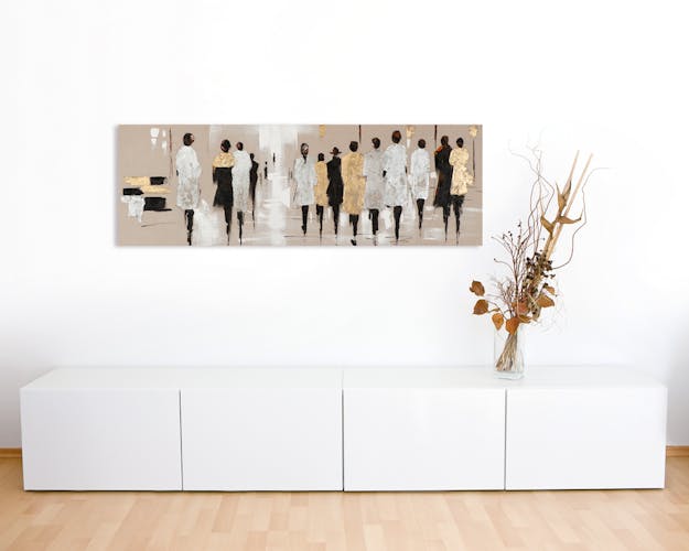 FEMMES 150x50 Peinture acrylique rectangle Marron, Doré et Argent avec feuilles de métal
