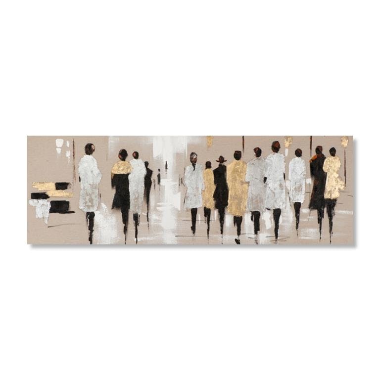 FEMMES 90x30 Peinture acrylique rectangle Marron, Doré et Argent avec feuilles de métal