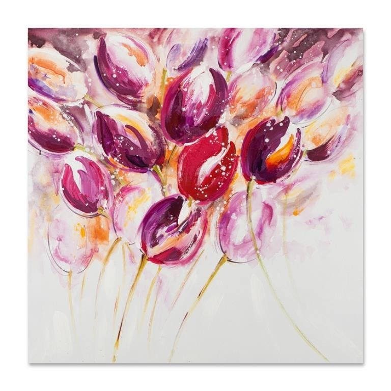 FLEURS 100x100 Peinture acrylique carrée Tulipes lilas rouge