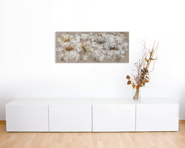 FLEURS 30x70 Peinture acrylique rectangle Marron, Argent et Doré