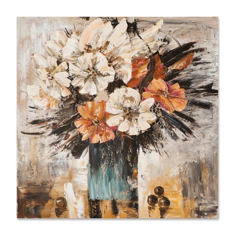 FLEURS 40x40 Peinture acrylique carré Blanc et Marron