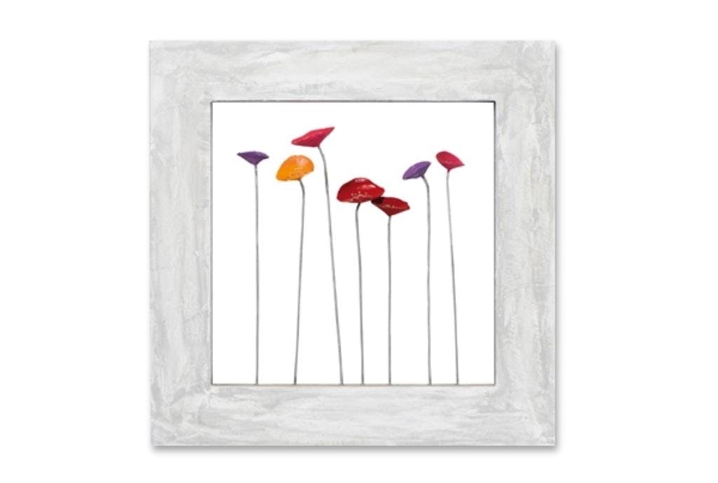 FLEURS 60x60 Peinture sur bois et métal acrylique Rouge et Gris effet 3D