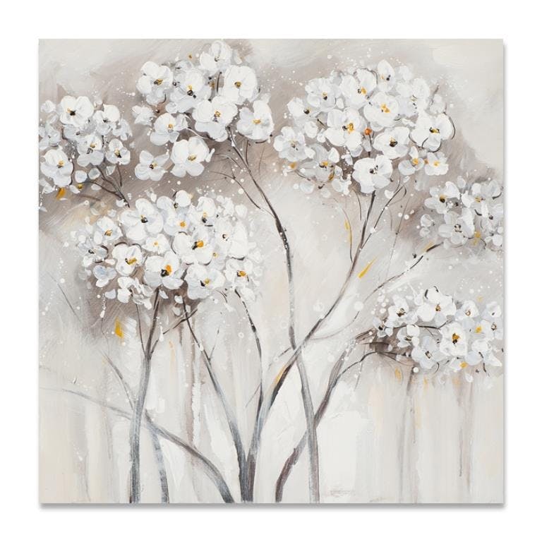 FLEURS 70x70 Peinture acrylique carrée Blanc et Marron
