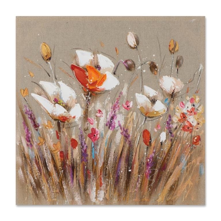 FLEURS 70x70 Peinture acrylique carrée Marron et Beige