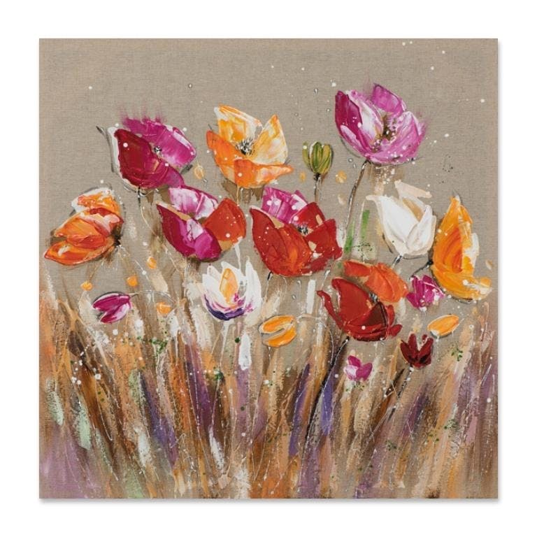 FLEURS 70x70 Peinture acrylique carrée Marron et Rouge