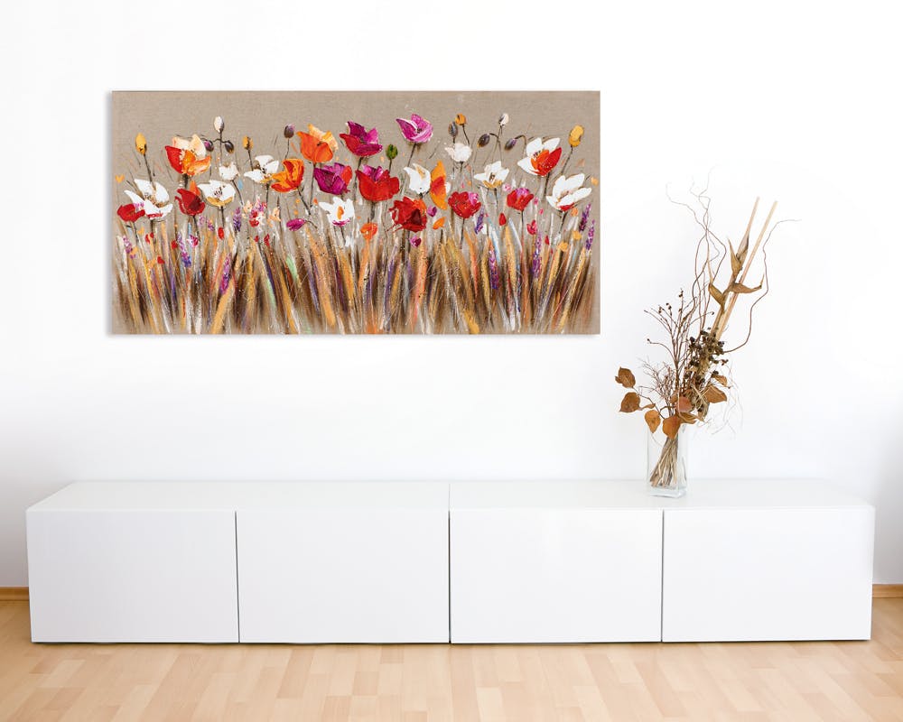 Tableau Toile Impression 140x70 Cm - Motif Floral Fleurs Rouges Et Blanches