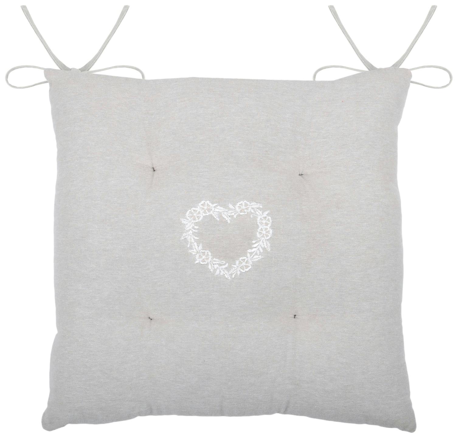 Galette de chaise 4 points grise motif cœur 40 x 40 cm