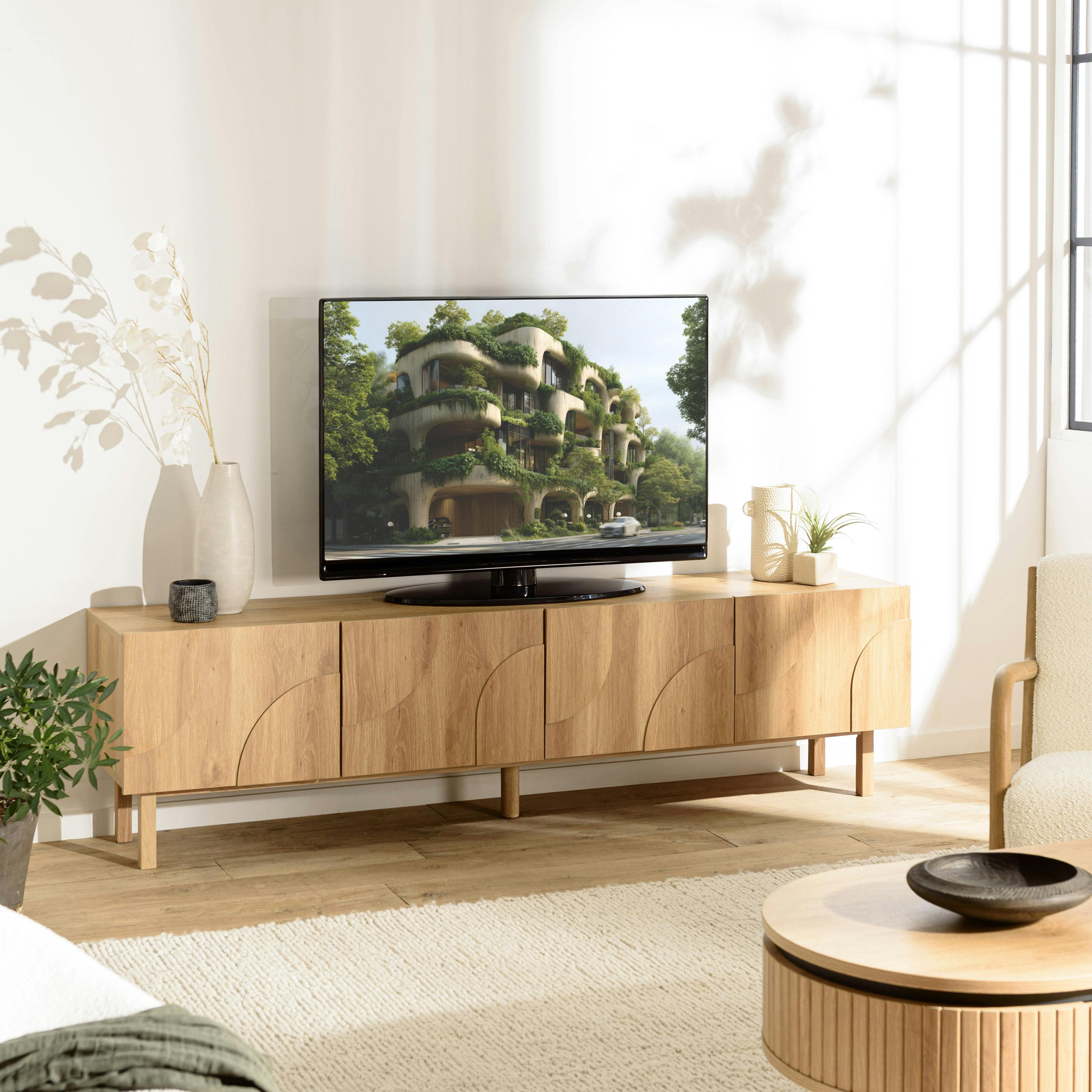 Grand meuble TV 4 portes bois clair décor graphique DANBA