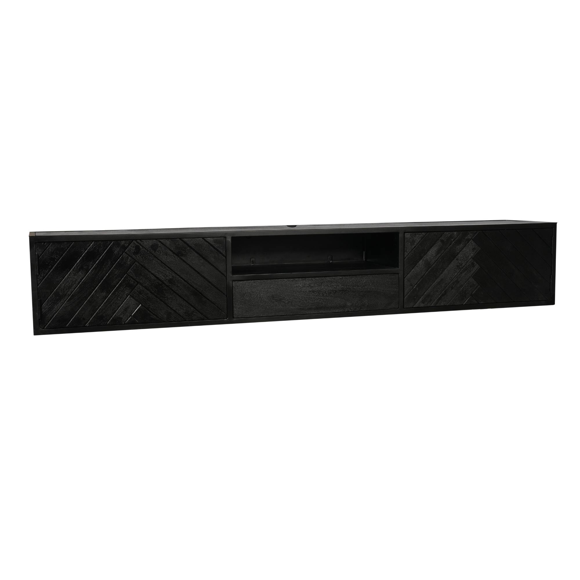 Grand meuble TV suspendu bois noir 4 portes 240 cm ALVERA