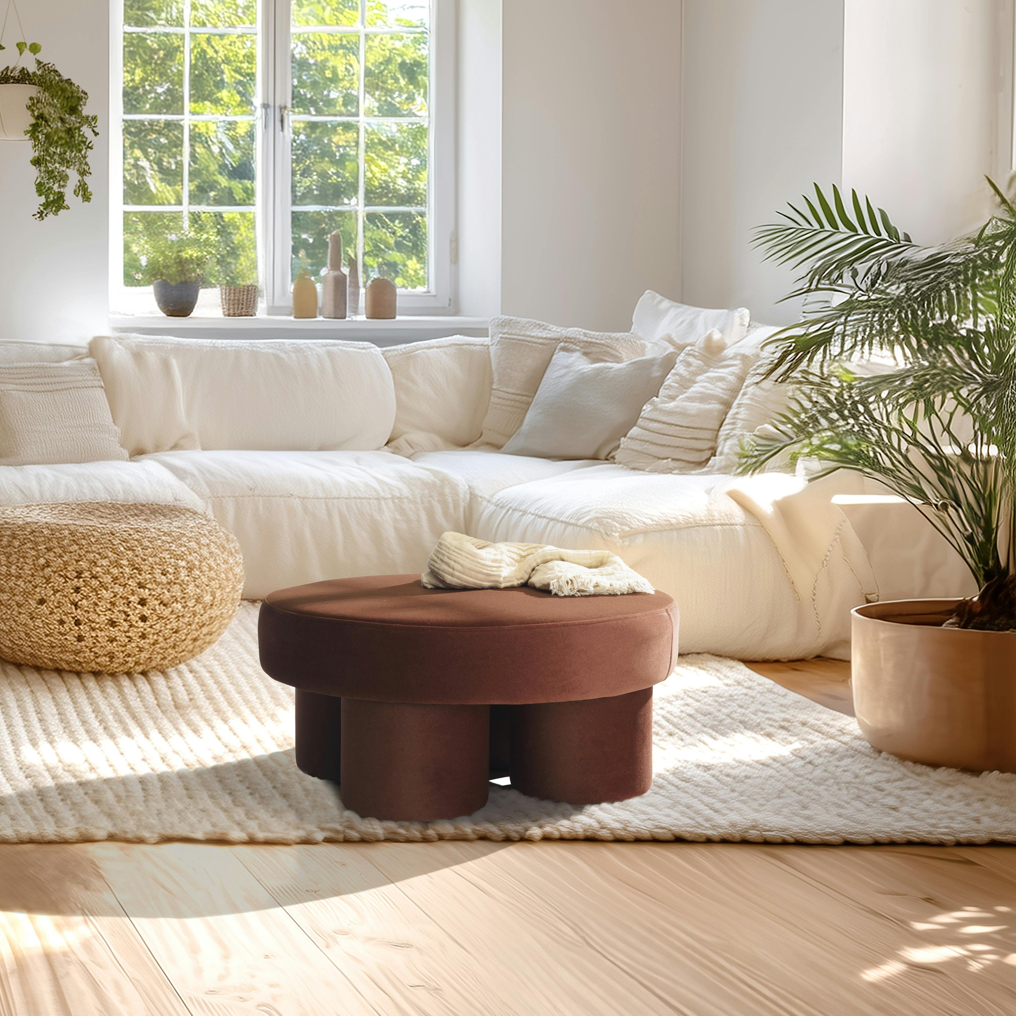 Grand pouf forme en tissu effet velours marron COLOMBUS