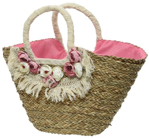 Grand sac cabas en algues doublure tissu rose