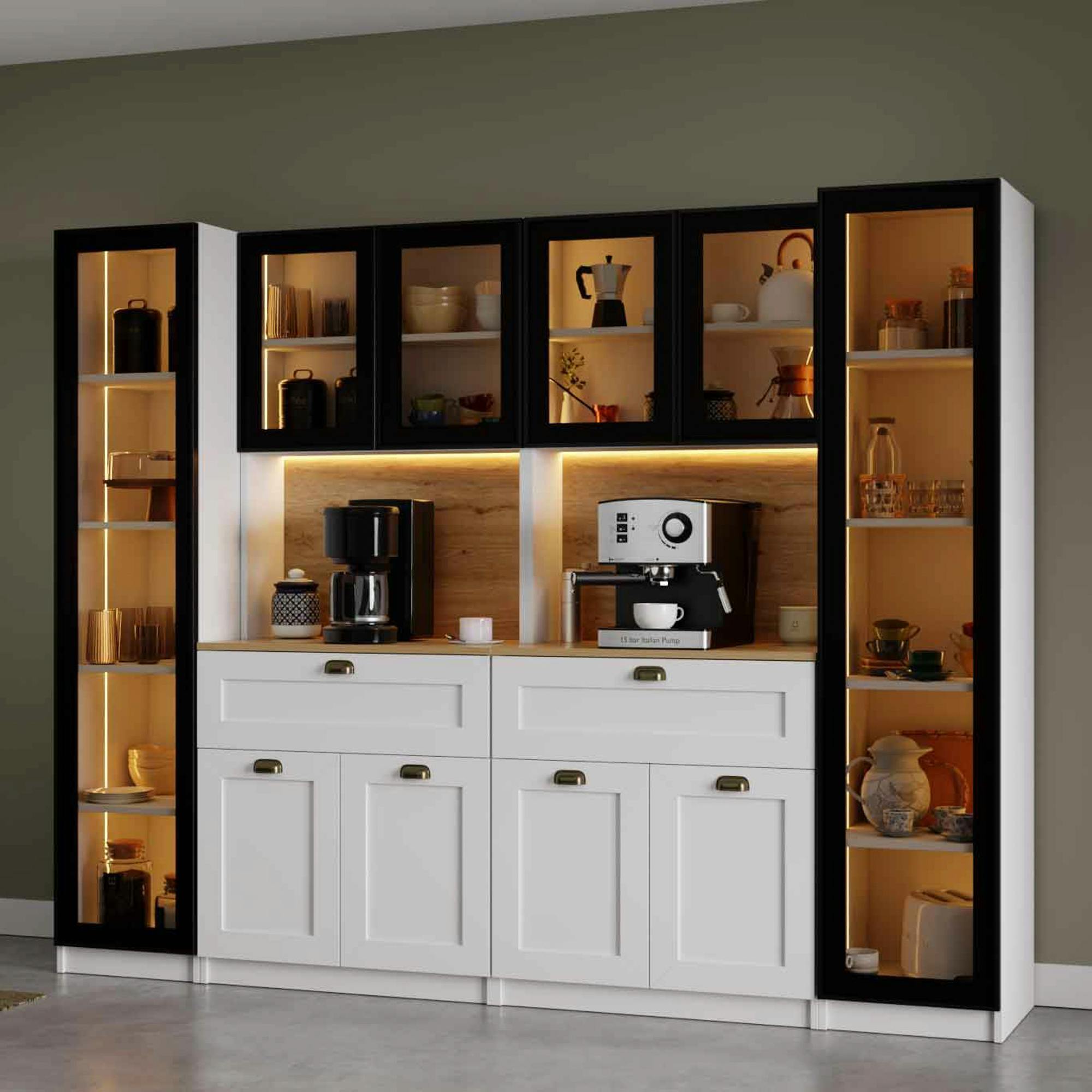 Grand vaisselier de cuisine à LED 10 portes décor blanc et noir AURA