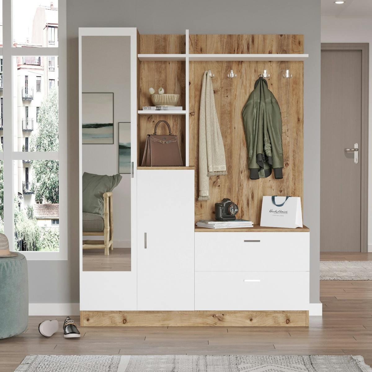 Grand vestiaire d’entrée décor blanc et bois 1 miroir JENA