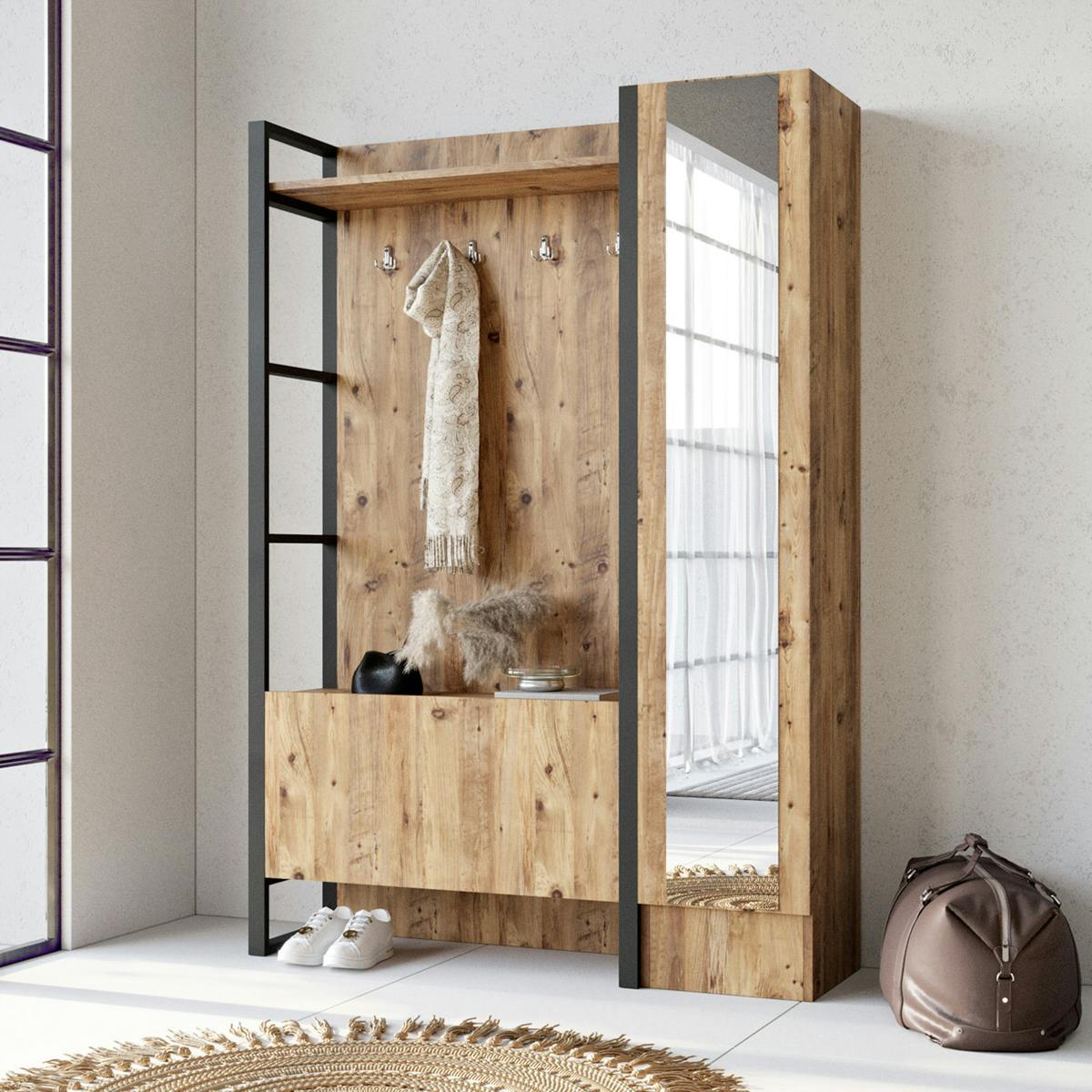 Grand vestiaire d'entrée rustique chic 1 miroir 2 portes MARFA