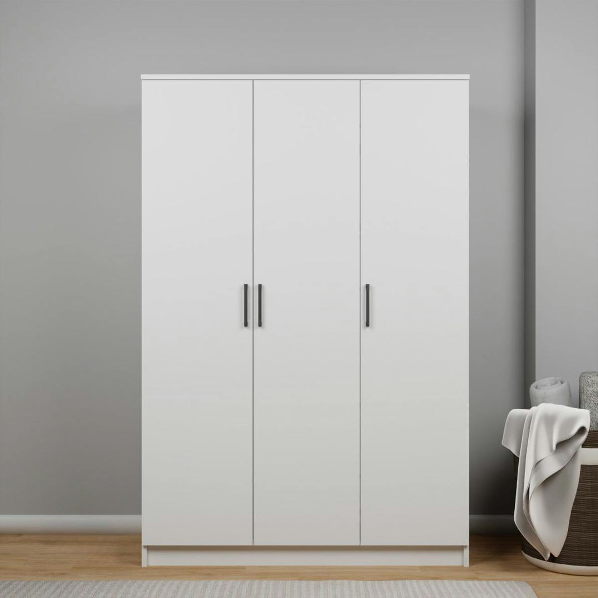 Grande armoire penderie blanche 3 portes 5 étagères BYRON