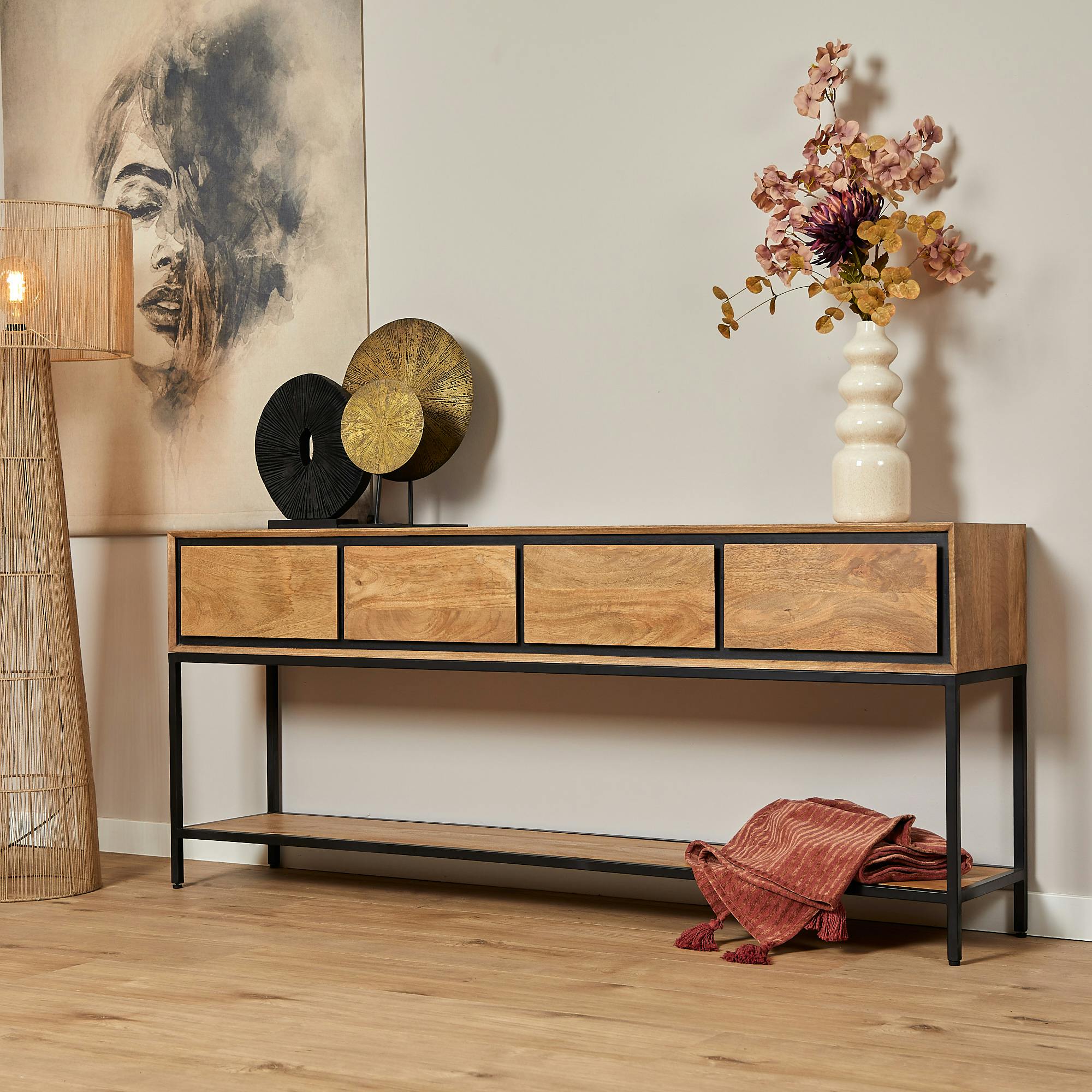 Grande console d'entrée bois cadre noir 180 cm UVEA