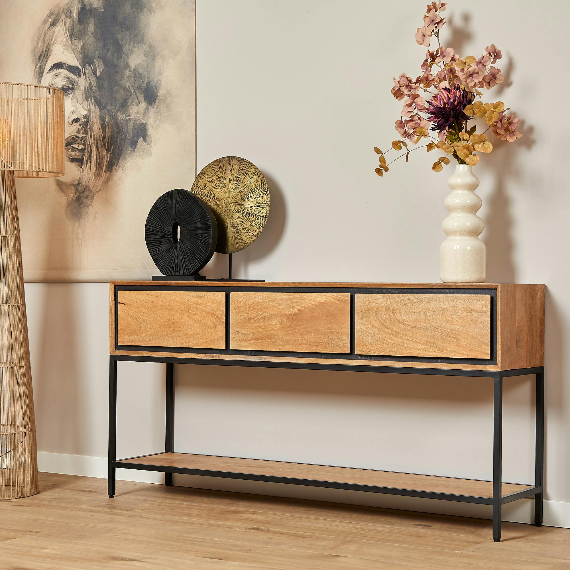 Grande console d'entrée bois cadre noir 3 tiroirs UVEA