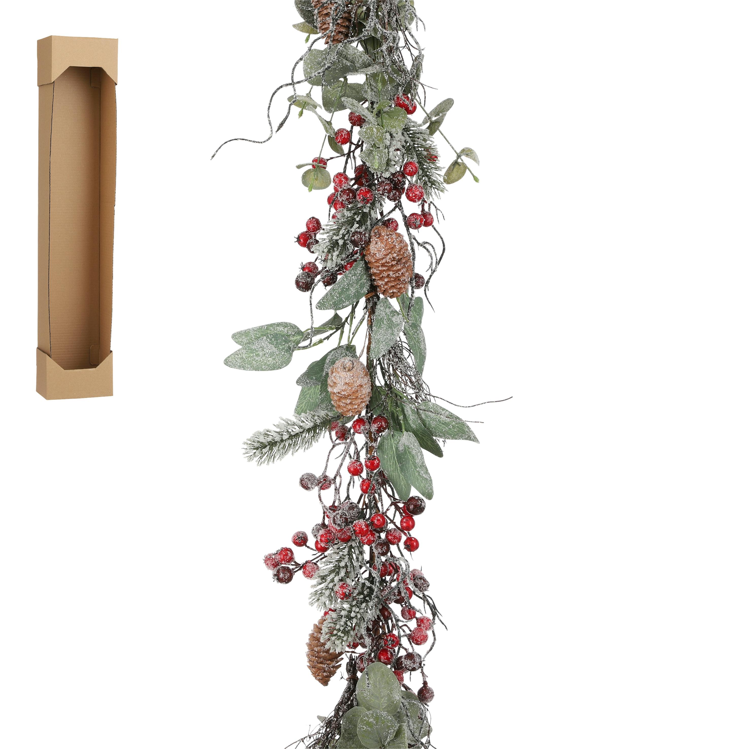 Guirlande de Noël rouge avec branchage naturel long. 180 cm