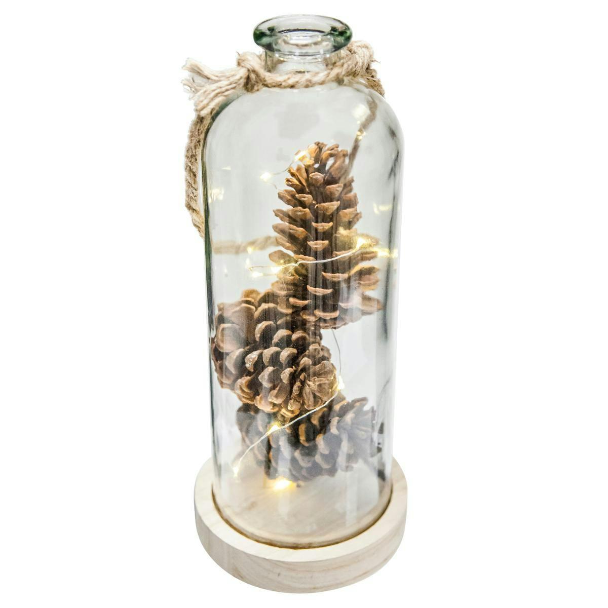 Guirlande LED dans vase en verre décoré de pommes de pin, Décorations de  Noël